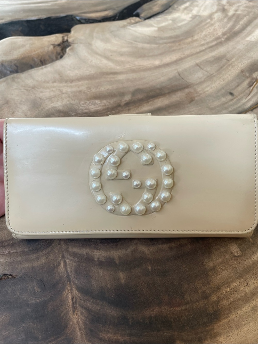 Gucci cream nude patent GG long wallet custom pearl logo